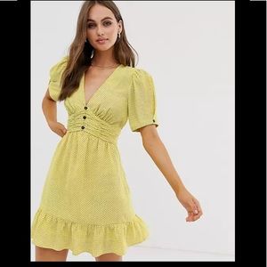 Anthropologie Moon River Retro Golden Yellow Fit & flare Floral Spring dress